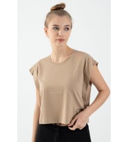 Maraton Regular Kadın Bisiklet Yaka  Açık Vizon Crop Top