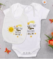 BK Kids Kişiye Özel Sıkıntı Yok Teyzem Halleder Tasarımlı Bebek Body Zıbın ve Mama Önlüğü Hediye Seti - Model 1