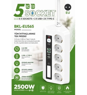 5’li Akım Korumalı Priz 2500w 2 Usb + 2 Type-c Hızlı Şarj Led Gece Lambalı Dokunmatik Beyaz