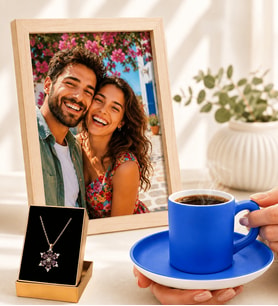 Kişiye Özel Fotoğraflı Hediye Seti Mavi Kahve Fincanı ve Mor Ametist Taşlı Lotus Kolyeli