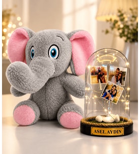 Kişiye Özel 3 Fotoğraflı ve Yazılı LED Işıklı Fanus - 22 cm Peluş Fil Hediyeli
