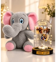 Kişiye Özel 3 Fotoğraflı ve Yazılı LED Işıklı Fanus - 22 cm Peluş Fil Hediyeli