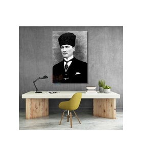 Dikey Kanvas Siyah Beyaz Atatürk Tablosu Kanvas Ofis Ev Tablosu Duvar Dekoru