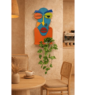 Modern Soyut Yüz Figürlü 65x35 cm Saksı Dahil Renkli Bohem Salon & Kafe Ahşap Duvar Dekoru