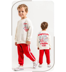 Churros Baskılı Sweatshirt & Eşofman Krem Kırmızı Alt Üst Takım 3 İplik Süper Kalite