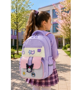 Kuromi Desenli Kız Çocuk Okul Çantası 3'lü Set Kalemlik ve Beslenme Çantası Pembe Günlük