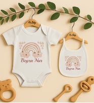 Pia Baby Premium %100 Pamuk İsme Özel Organik Baskılı Çıtçıtlı Bebek Body Ve Önlük 5021-20 (Ekru)