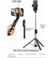 KUMANDALI ışıklı ayaklı tripot ve selfi çubuğu Youtuber Tiktok ve Telefon tutucu 30cm ila 170cm max.