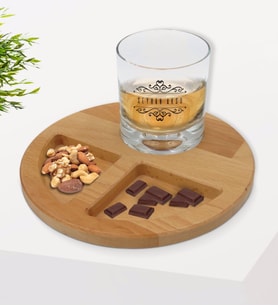 BK Gift Kişiye Özel İsimli Viski Bardağı ve Doğal Masif Ahşap Yuvarlak Sunum Tabağı Çerezlik Hediye Seti-9