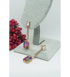 Rose Altın Kaplama Vip Seri Kare Renkli Taşlı Sallantılı Küpe 3,5 cm