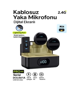 Lightining Girişli 300mAh Dijital Göstergeli 2.4G Kablosuz Çift Yaka Mikrofonu Pro++