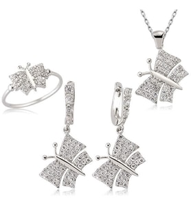 Zirkon Taşlı Kelebek  925 Ayar Gümüş Kadın Set