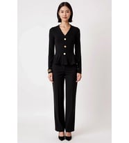 Kadın Büyük Beden V Yaka Düğmeli Peplum Kesim Uzun Kollu Fitted Örme Bluz Konforlu Günlük Rahat