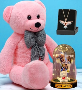 Pembe Peluş Ayıcık, Kişiye Özel Led Işıklı Fanus ve Renkli Zümrüdü Anka Kuşu Kolye (Model 3)