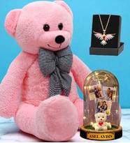 Pembe Peluş Ayıcık, Kişiye Özel Led Işıklı Fanus ve Renkli Zümrüdü Anka Kuşu Kolye (Model 3)