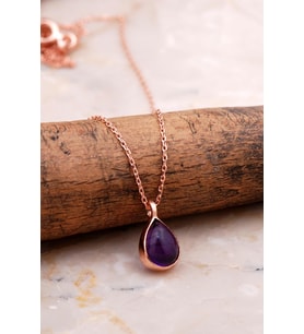 Doğal Ametist Taşlı Damla Mini Rose Gümüş Kolye 7743