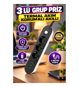 USB Portlu Anahtarlı Üçlü Priz 2 Metre Kablolu Çoklu Şarj ve Güç Ünitesi
