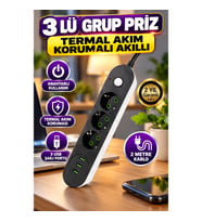 USB Portlu Anahtarlı Üçlü Priz 2 Metre Kablolu Çoklu Şarj ve Güç Ünitesi