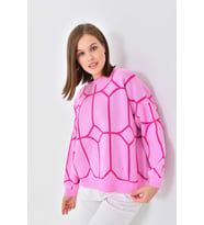 Kadın Bisiklet Yaka Desenli Oversize Triko Kazak 224403 (Pembe)