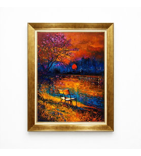 Tablore Leonid Afremov Tarzı Sonbahar Parkı Ve Bank Gold Çerçeveli Tablo Yağlıboya Dokulu Salon Tablosu
