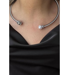 Caş Dekorasyon Gümüş Renk Aslanlı İncili Metal Choker Kolye