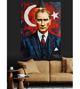 Türkiye Cumhuriyeti Bayrağı Önünde Atatürk Portresi Dekoratif Kanvas - Mdf Ahşap Tablo