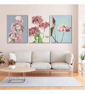 3'lü Kanvas Duvar Tablosu Soft Pastel Pembe Çiçek Görseli