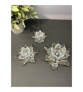 Dekoratif Kristal Cam Üçlü Lotus Mumluk Şeffaf Gold