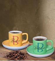 BK Gift Kişiye Özel İsimli Sarı ve Yeşil Renk İkili Türk Kahvesi Fincan Seti-101, Ev Hediyesi, Arkadaşa Hediye, Doğum Günü Hediyesi