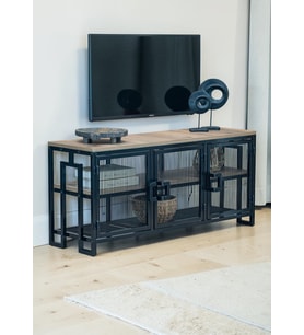 DEKORATİF METAL GÖVDELİ AHŞAP RAFLI TV ÜNİTESİ 3 RAFLI 3 KAPAKLI TV SEHPASI 120 x 30 CM TELEVİZYON ÜNİTESİ