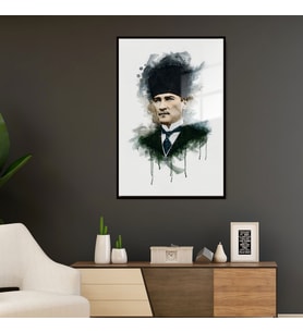Metal Çerçeveli Cam Tablo Kalpaklı Atatürk Portresi (Siyah)