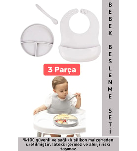 Kaymaz Sağlıklı Önlük Diş Kaşıyıcılı Kaşık Vakumlu Tabak 3 Parça Silikon Bebek Beslenme Seti Gri