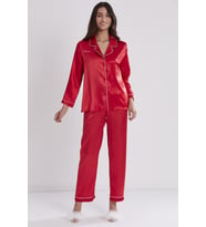 Kadın Saten Biyeli Pijama Takımı -1200 Kırmızı