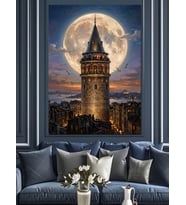 Dev Dolunay Ve Galata Kulesi Dekoratif Kanvas - Mdf Ahşap Tablo