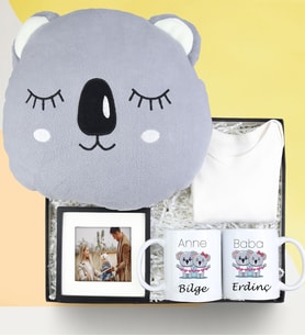 Kişiye Özel Çerçeve & Peluş Koala Yastık & Kupa & Zıbın Yenidoğan Çift Hediye Seti