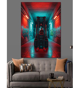 Neon Işıklı Modern Koridor Forklift Dekoratif Kanvas - Mdf Ahşap Tablo