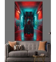 Neon Işıklı Modern Koridor Forklift Dekoratif Kanvas - Mdf Ahşap Tablo