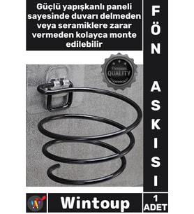 #Askı Yapışkanlı Duvar Tipi Siyah Metal Banyo Askı Organizeri Standı Şık Saç Kurutma Makinesi Tutucu