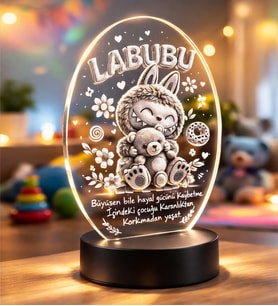 Kişiye Özel Oval Labubu 3D Model Led Gece Lamba (Beyaz) (Günışığı)