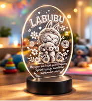 Kişiye Özel Oval Labubu 3D Model Led Gece Lamba (Beyaz) (Günışığı)