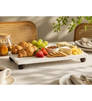 Beyaz Mermer Ahşap Ayaklı Sunum Tepsisi 15x30 cm – Dekoratif Lüks Sofra Servis Tepsisi