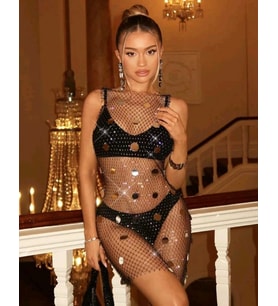 Işıltılı Pullu , Taşlı File ELBİSE– Kolsuz, Transparan, Parlak Gece Elbisesi