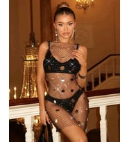 Işıltılı Pullu , Taşlı File ELBİSE– Kolsuz, Transparan, Parlak Gece Elbisesi