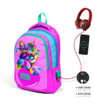 Coral High Kids Pembe Mavi Simli Kedi Desenli Üç Bölmeli USB Şarjlı Kulaklık Çıkışlı Okul Sırt Çantası 24301
