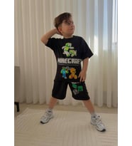 Cg Kids Minecraft Erkek Çocuk Tshirt & Şort Alt Üst Takım Süper Kalite Arka Etek Baskı Detay (Siyah)