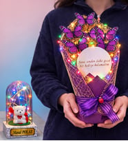 Renkli Led Işıklı Aynalı Mor Kelebek Buketi (Kişiye Özel Renkli Işıklı Fanus Hediyeli) (Model 3)