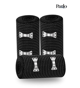 Parlo Siyah Elastik Bandaj 10 cm x 1,5 m 3’lü Set – %300 Esnek, 4,5 m’ye Kadar Uzayan, Metal Kancalı Destek ve Sargı Bandajı