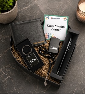 Kişiye Özel Premium Kalp Kutu Aksesuar Erkek Cüzdan Cakmak Metal Lüx Anahtarlık Tesbih Touch pen Kalem Erkek Hediye Set