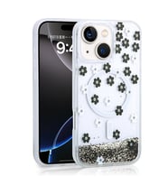 iPhone 15 Kılıf Sıvılı Simli Baskılı Şeffaf Arka Yüzey Mossa Silikon Kılıf (Siyah)