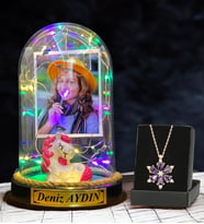 Size Özel Renkli Led Işıklı Fanus ve Gerçek Ametist Taşlı Lotus Kolye - Premium Hediye Seti (Model 10)